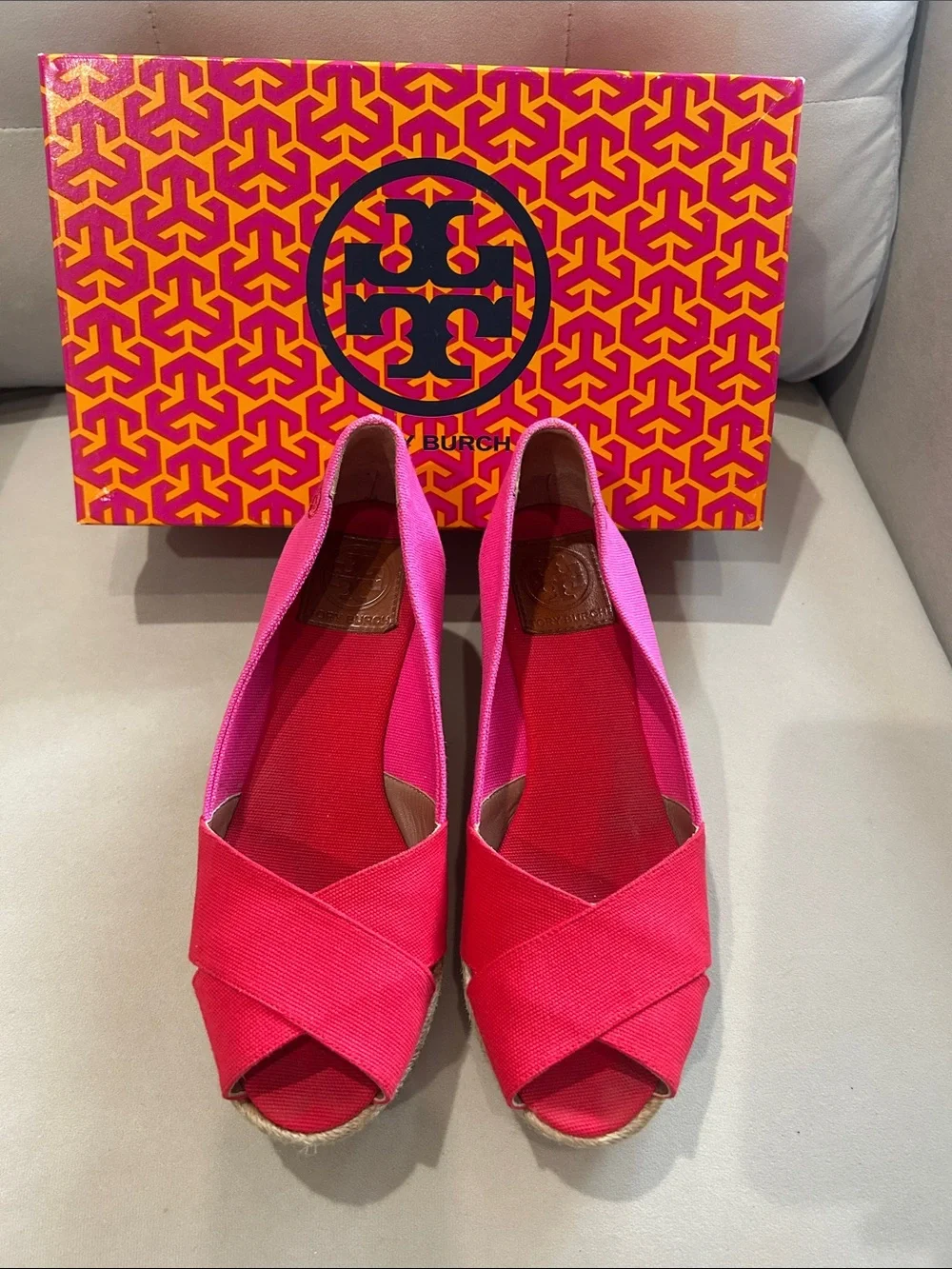 Tory Burch Two-Tone Pink and Red Canvas Wedge Espadrille